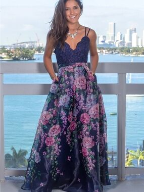 Navy Floral Lace Bodice Evening Dress